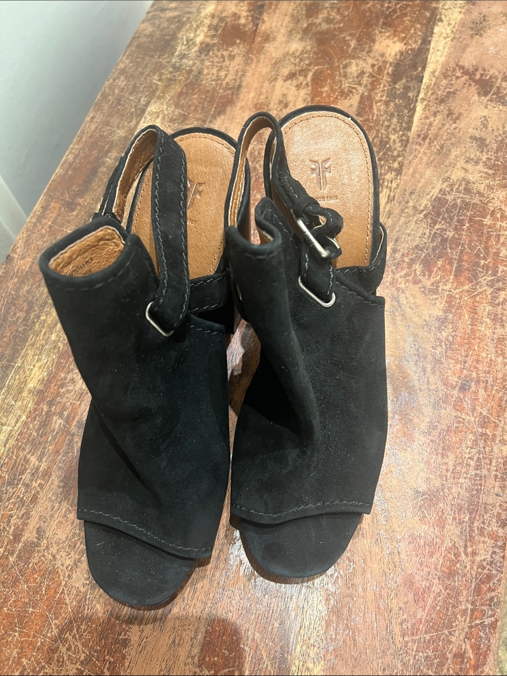 Frye Black Suede Open-Toe Slingback Mules